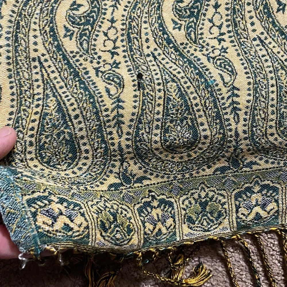 Wool/Cashmere Pashmina/Shawl Scarf Greenish-Teal and Gold with Paisley